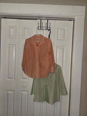 2 For $30 Chicos Non Iron Shirts Light Orange Striped & Green Striped
